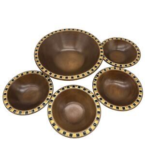 Vintage MCM Wooden Salad Bowl Set Gold and Black Checkerboard Rim 5-Pieces Japan